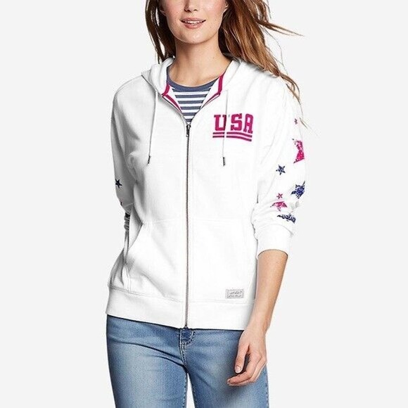 Eddie Bauer Cozy Camp Star Graphic USA Drawstring Full Zip Hoodie White, Small - Picture 1 of 9